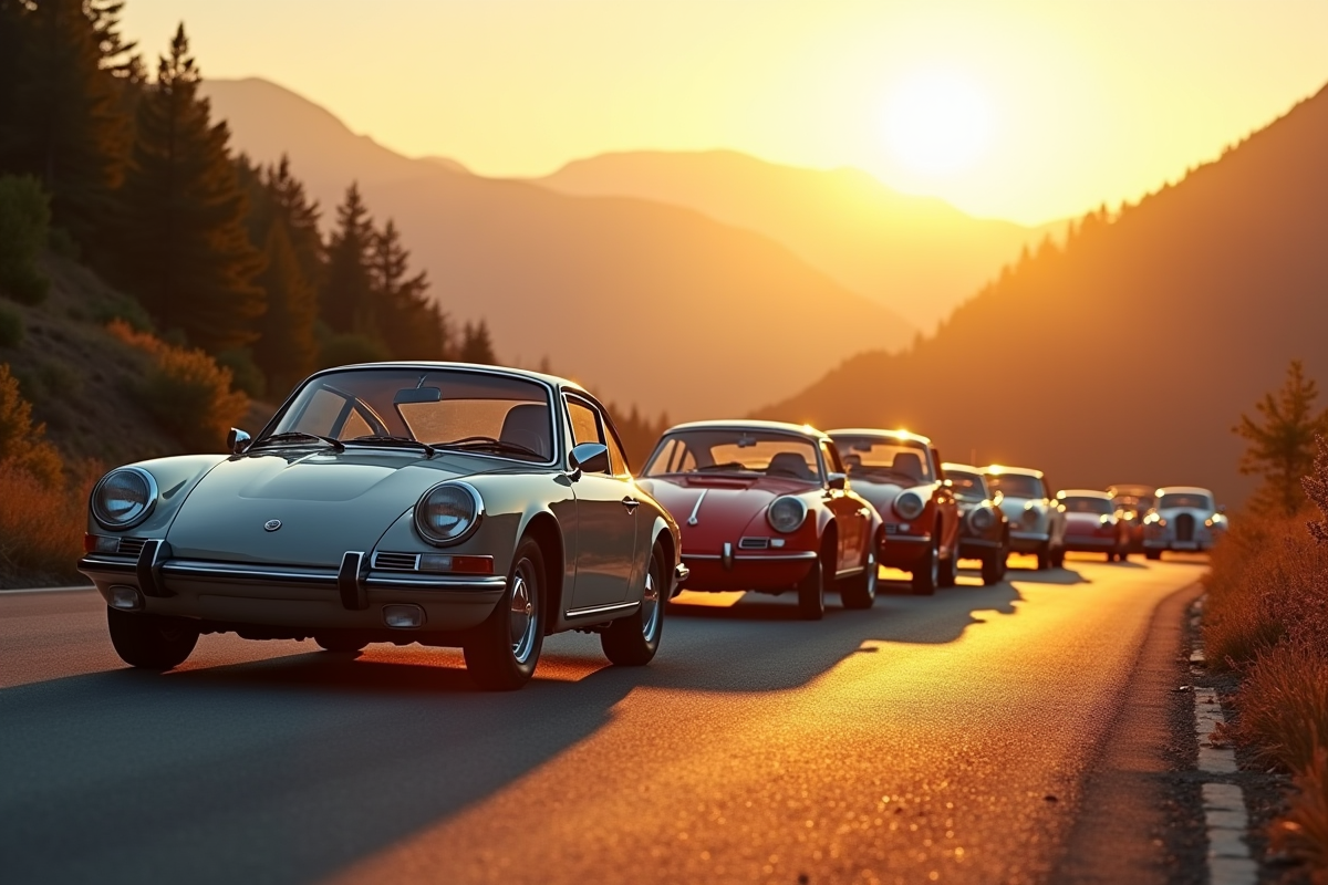 Groupe de voitures iconiques sur une route de montagne au coucher du soleil